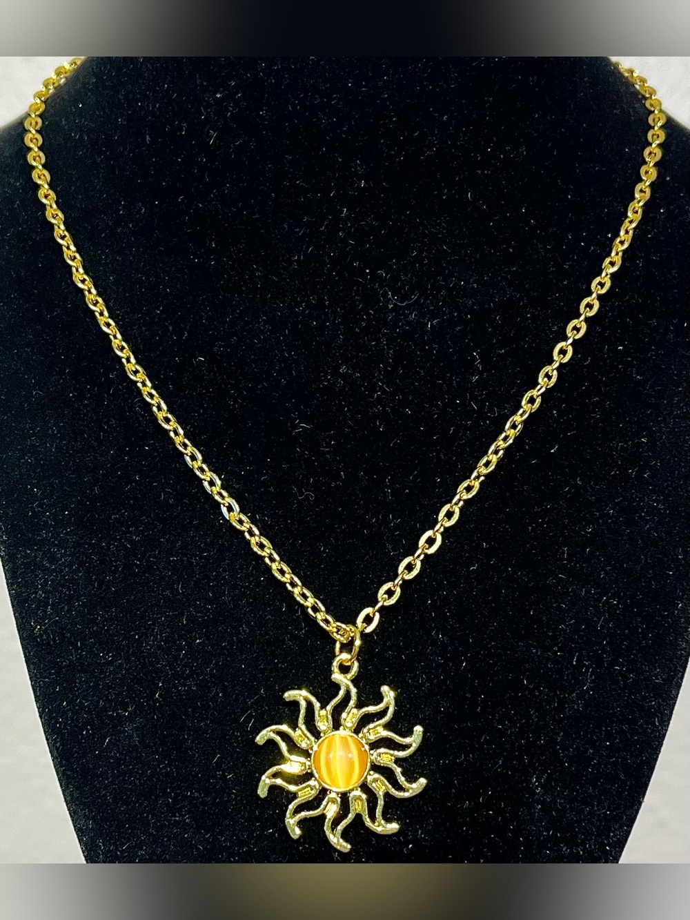 Gold Sun Pendant Necklace with Yellow Cat’s Eye Cabochon Center